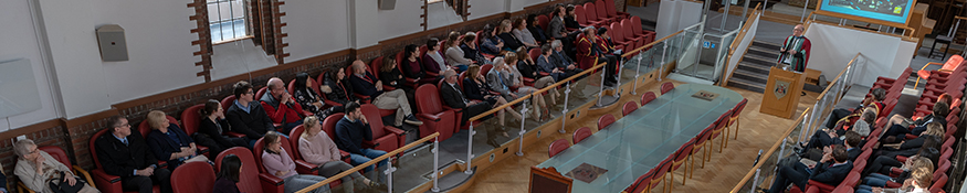 Image of Professor Nick Donnelly giving a lecture within the senate room.