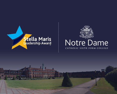 Stella Marris and Notre Dame logos overlayed on a photo of Liverpool Hope's HCA Building.