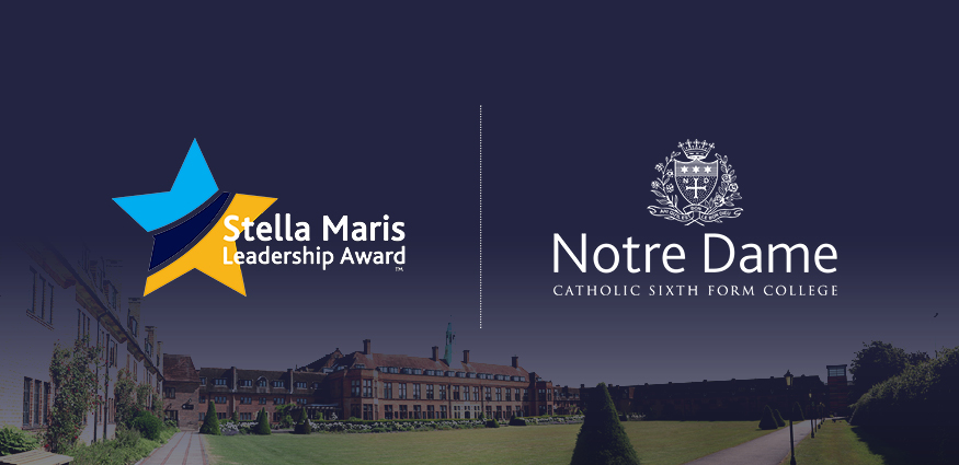 Stella Marris Leadership Award Logo and Notre Dame Sixth Form College logo overlayed on a photo of Liverpool Hope University's HCA Building.