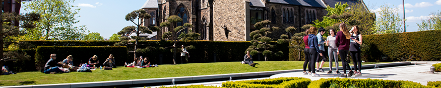 Separate groups of students relaxing in the gardens