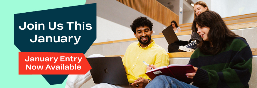 Students studying together in a university learning space, promoting January entry opportunities and flexible routes into higher education.