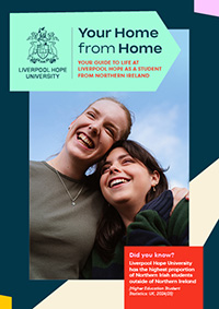 Promotional graphic featuring two prospective students with information for applicants from Northern Ireland, highlighting Liverpool Hope University as a home from home for students studying away from home.