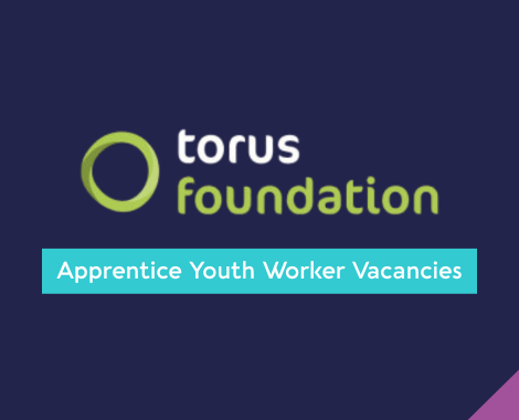 The Torus logo central to the image against a navy blue background. A lighter blue box highlights the text ' Apprentice Youth Worker Vacancies'