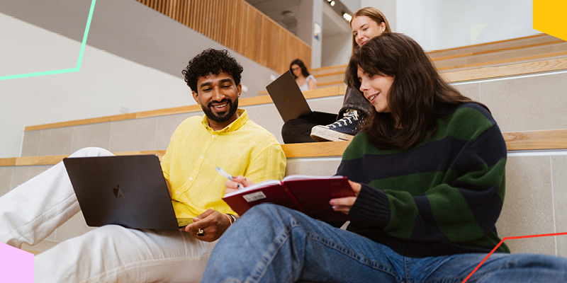 How to apply banner featuring students studying together with a laptop and notebook, representing the university application journey and preparing for study.