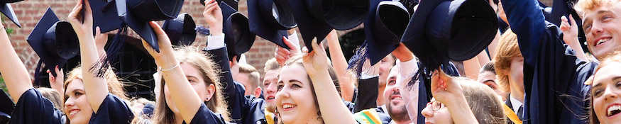 Banner images of students getting ready to toss caps at graduation ceremony