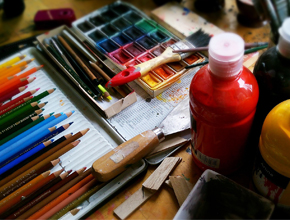 pencils, pens and paints on display