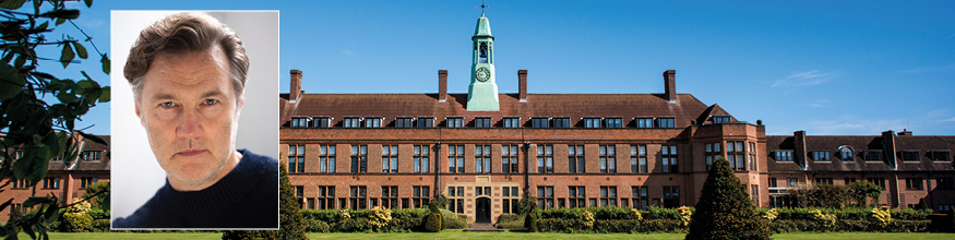 A headshot of actor David Morrissey set against Liverpool Hope University's Hilda Constance Allen building.