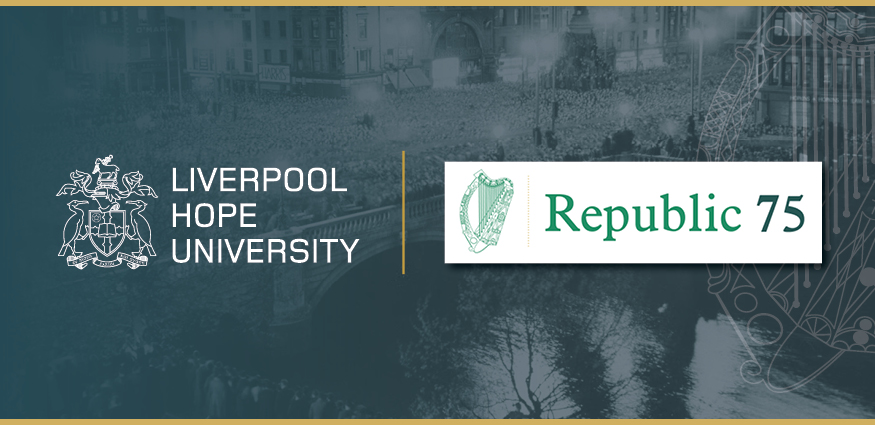 Liverpool Hope logo and Republic 75 conference logo on a green background.